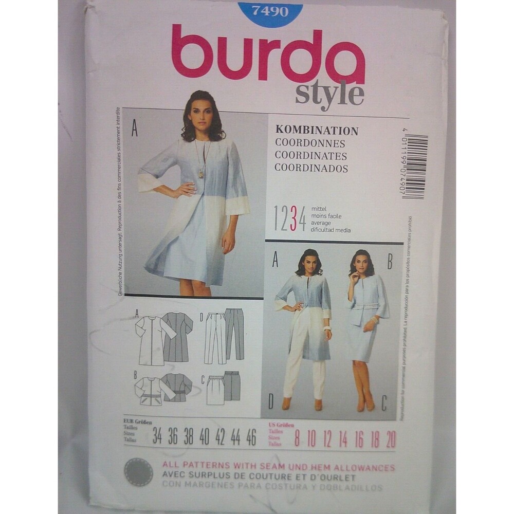 Burda Style Pattern 7490 Coordinates Dress Pants Jacket Size 8-20 Uncut